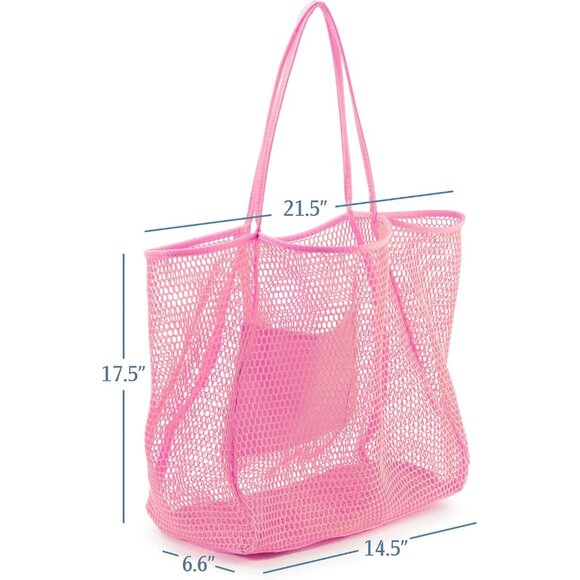 Women's Pink Mesh Beach Tote Nylon/polyester No-closure Shoulder Hand Bag - Picture 4 of 6